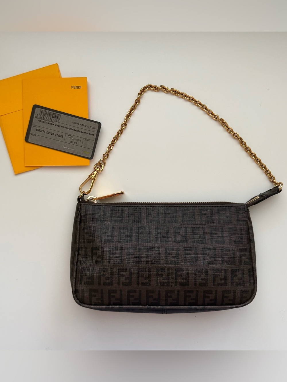 Fendi Brown Monogram Canvas Pochette with Gold Chain Strap